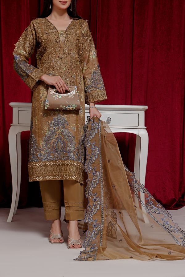 Embroidered Organza with Printed Silk Inner & Fancy Clutch