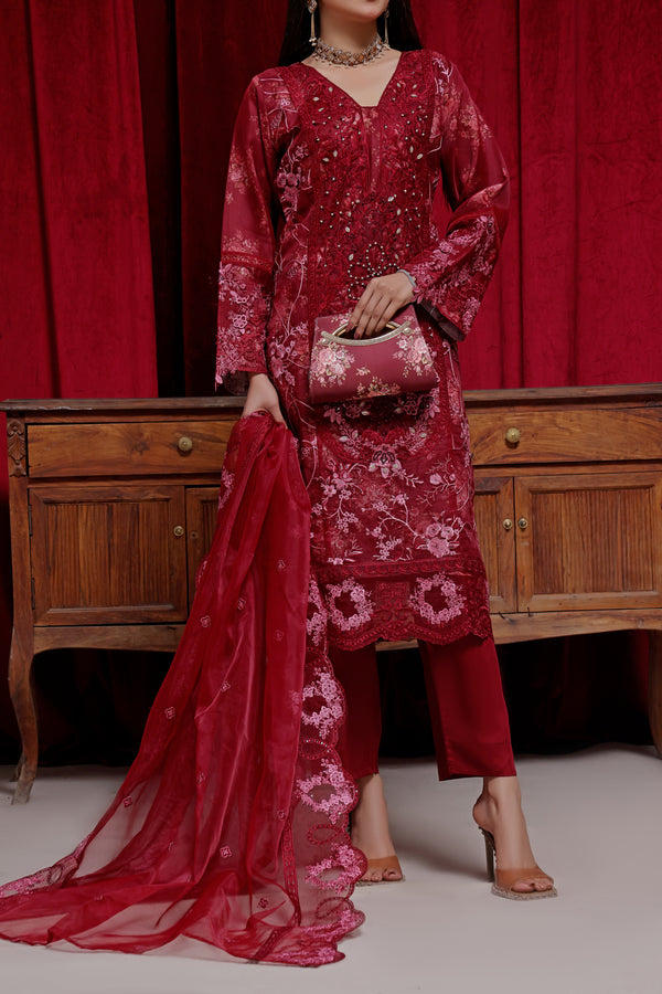 Embroidered Organza with Printed Silk Inner & Fancy Clutch